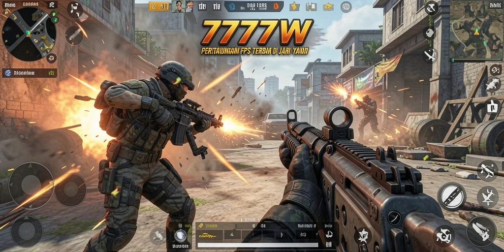 Tampilan gameplay mendebarkan dari 7777W dengan aksi FPS seru.