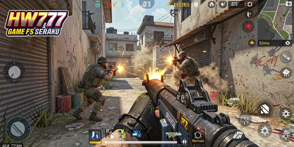 Tangkapan layar gameplay HW777 menampilkan aksi tempur FPS yang mendebarkan.