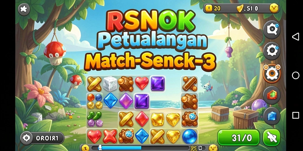 Screenshot gameplay RSNOK dengan level Match-3 yang penuh warna.