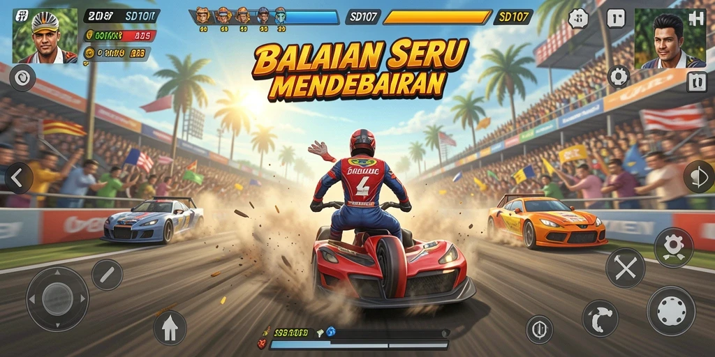 Screenshot gameplay SD107 yang menunjukkan aksi balapan mendebarkan.