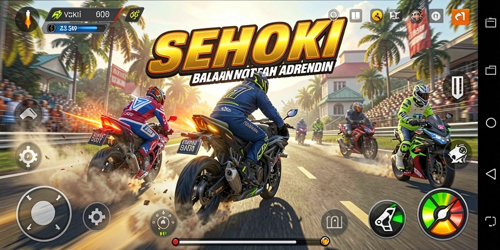 Tampilan gameplay SEHOKI yang menakjubkan saat balapan motor.