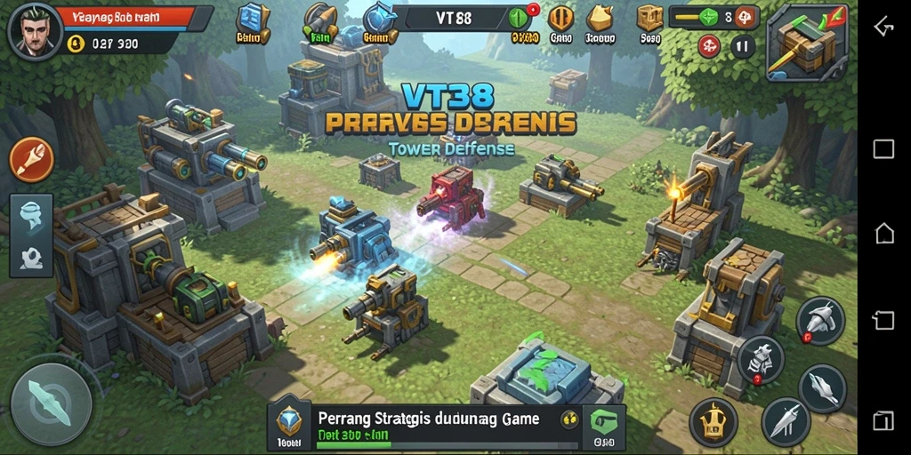 Screenshot gameplay VT38 menampilkan pertarungan menara melawan gelombang musuh.