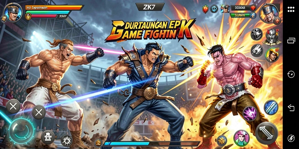 Screenshot gameplay ZK7 menampilkan aksi pertarungan yang intens.